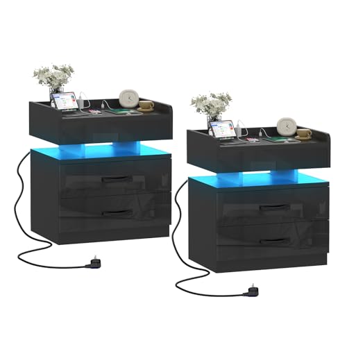 DHHOZAMZ Nachttisch Schwarz 2er Set, Nachttisch LED mit Steckdose, 2 AC-Steckdosen, 2 USB, Nachttischschrank,Nachtsc hrank mit 2 Schubladen, Für Schlaf & Wohnräume. (schwarz-2PCS, 45x35x52cm)