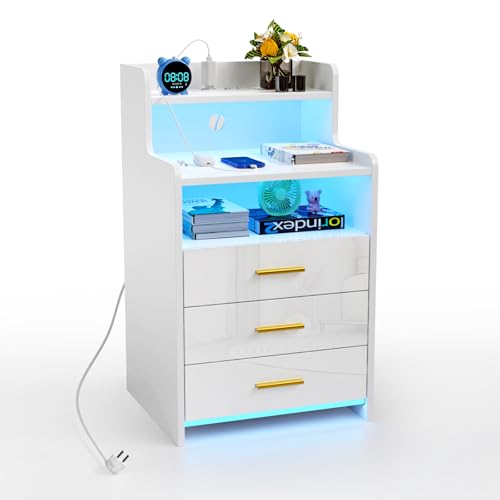 Nachttisch Weiß mit Steckdose LED Beistelltisch Holz Nachtschrank Nachtkästchen Schrank Sofatisch mit Schubladen Ablagefächern zur Aufbewahrung Kommode Modern für Wohnzimmer Schlafzimmer 40x45x76cm