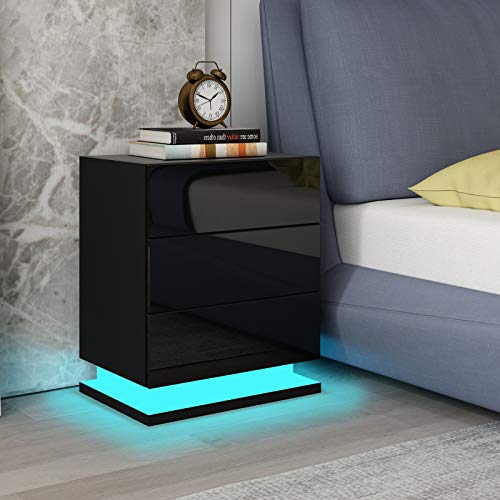 Nachttisch RGB LED Beleuchtung Nachtschrank Kommode Hochglanz mit 3 Schubladen Nachtkommode Ablagetisch für Schlafzimmer Wohnzimmer Schwarz 50x35x60cm