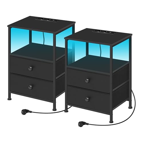 WOLTU Nachttisch 2er Set, Nachtschrank mit Ladefunktion LED-Beleuchtung Schubladen, Beistelltisch Schwarz, Sofatisch, Kaffeetisch, MDF,NTS27sz-2