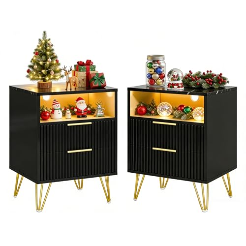 Wumagin Nachttisch 2er-Set mit LED-Beleu-chtung und Lade-Station, Nachtschrank mit 2 Schubladen und Offenes Fach Beistelltisch Sofatisch für Wohnzimmer Schlafzimmer