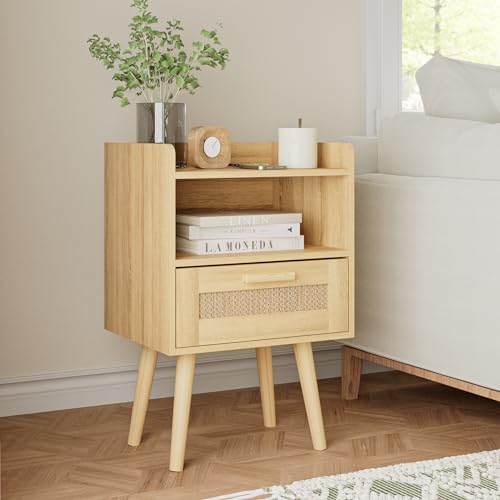 HEYZOEY Nachttisch Rattan, Beistelltisch mit Schublade, Nachtkommode mit Holz Beine für Schlafzimmer, Wohnzimmer, Natur Eiche (Yellow)