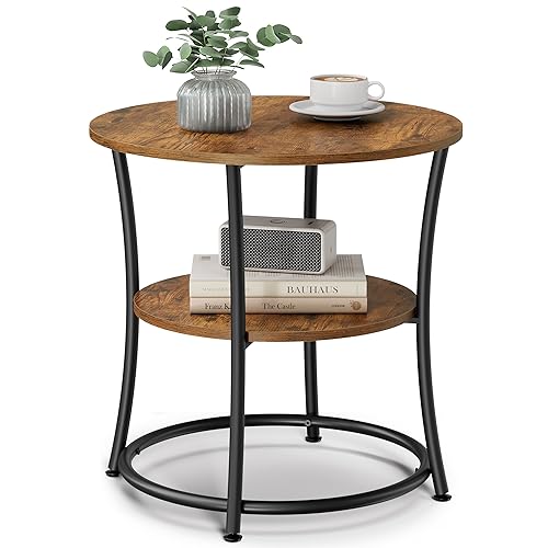 VASAGLE Beistelltisch, Couchtisch rund, Sofatisch, 2 Ablagen, Wohnzimmer, Schlafzimmer, einfacher Aufbau, Stahlrahmen, Industrie-Design, vintagebraun-tintenschwar z LET56BX