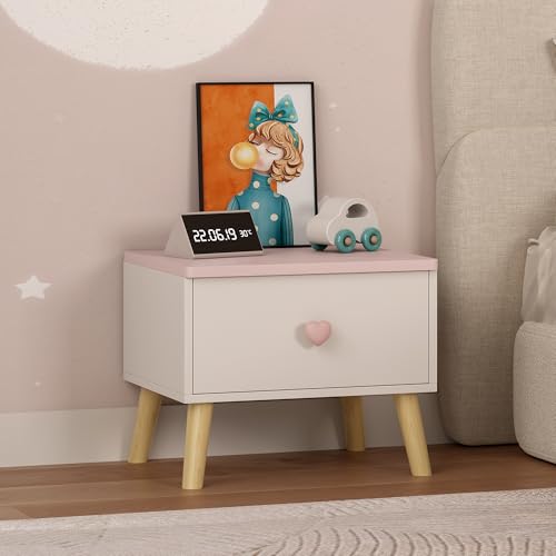 [en.casa] Nachttisch Kinder Sandnes Nachtkästchen 31 x 38 x 30 cm mit Schublade Nachtkommode Beistelltisch für Kinderzimmer Holzbeine Weiß/Rosa
