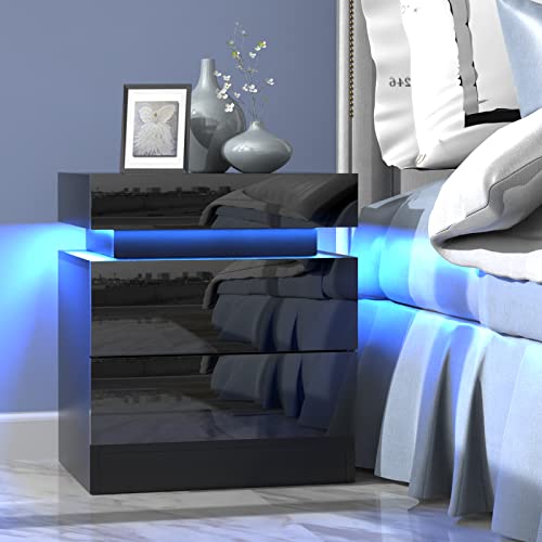 Lvhcmfohm Nachttisch Schwarz mit Led, Nachtschrank mit Schubladen und 16 Farben Beleuchtung, Geeignet für Schlafzimmer Wohnzimmer (45x35x52cm)