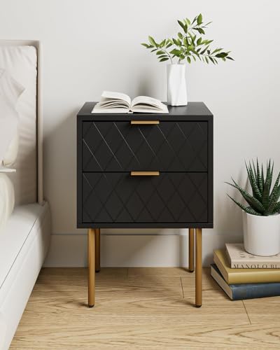 HEYZOEY Nachttisch, Nachtschrank mit 2 Schubladen, Modern Nachtkästchen, Boho Nachtkommode für Schlafzimmer, Wohnzimmer, Schwarz und Gold