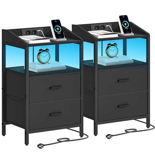 Hzuaneri Nachttisch 2er Set, mit LED-Leuchten und Ladestation, Beistelltisch mit 2 Stoff-Schubladen und Regalen, mit USB-Anschlüssen & Steckdosen, für Schlafzimmer, Wohnzimmer, Schwarz NS36204B