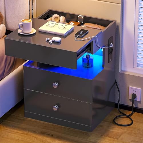 AOGLLATI Nachttisch mit Steckdose Nachtschrank mit LED-Beleuchtung Nachtkommode mit 2 Schubladen und Verstecktem Schiebeschrank,Beistellti sch für Schlafzimmer Wohnzimmer (1, Schwarz, 45x35x59cm)