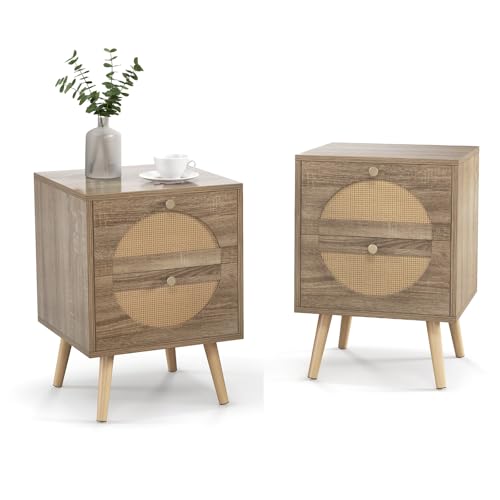 KOMFOTTEU 2er Set Nachttisch mit 2 Schublade aus Rattan, Beistelltisch Nachtschrank Holz, Nachtkonsole Nightstand 40 x 40 x 56 cm für Schlafzimmer Wohnzimmer