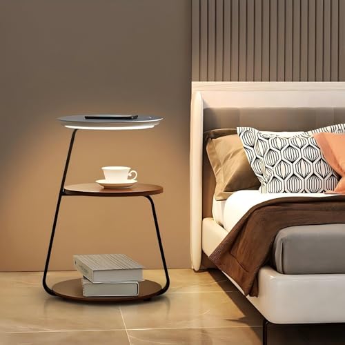 Moderner intelligenter Nachttisch mit LED-Beleuchtung, 3-stöckige Aufbewahrung und Ladestation, stilvoller Sofabeistelltisch oder Nachttisch für moderne Wohnräume (Silber)