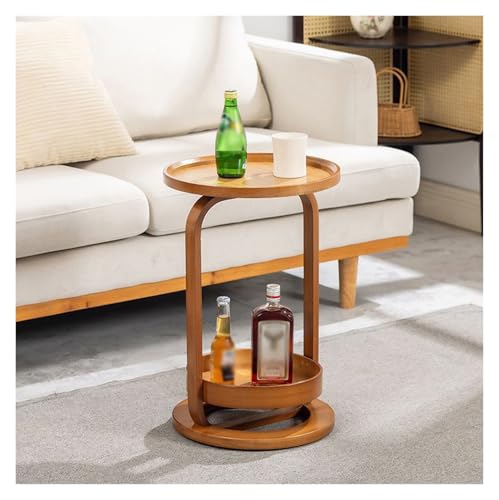 Beistelltisch aus Bambus, 2-stöckig, runder Nachttisch mit Stauraum, kompakter TV-Ständer für kleine Räume, Heimbüro-Möbel, helles Holz