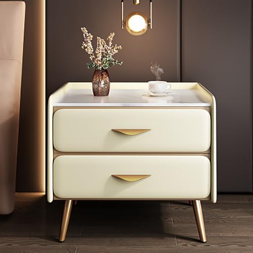 Luxuriöser Nachttisch mit Kunstmarmorplatte, 2 Schubladen, Nachttisch, Aufbewahrungsschrank für Schlafzimmer, Wohnzimmer, minimalistisches Design, PU-Leder-Finish (18 x 16 x 20 Zoll), Gelb