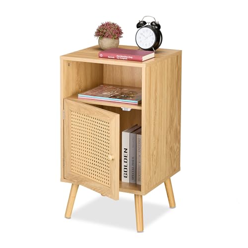 Relaxdays Nachttisch, Rattan-Tür, Holzoptik, HxBxT: 72 x 40 x 39 cm, offenes Fach, Schlafzimmer, Nachtschrank, Natur