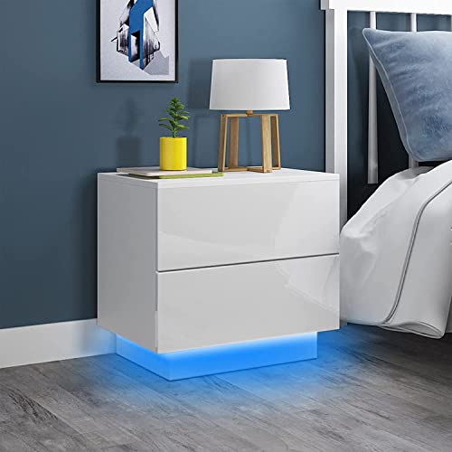 Dripex Nachttisch mit LED-Beleuchtung, Beistelltisch mit 2 Schubladen, Sofatisch, Nachtschrank für Schlafzimmer, Wohnzimmer, 55 x 37 x 50 cm, weiß Hochglanz