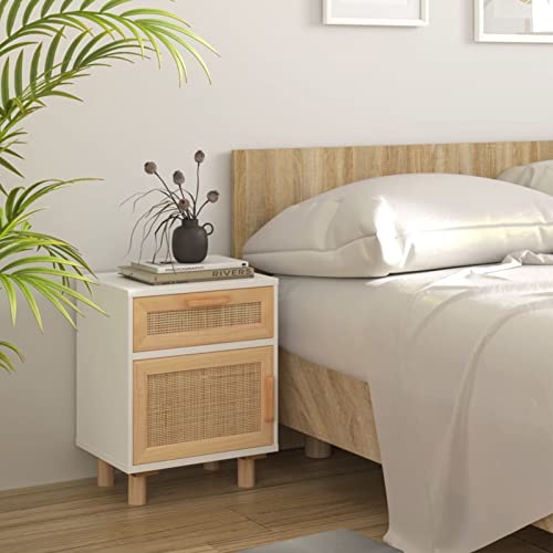 ZEYUAN Nachttisch, Nachtschrank, Nachtkonsole, Bedside Tables, Nachtkästchen, Beistellschrank, Nachtkommode, Nightstand, Weiß Massivholz Kiefer und Natur-Rattan