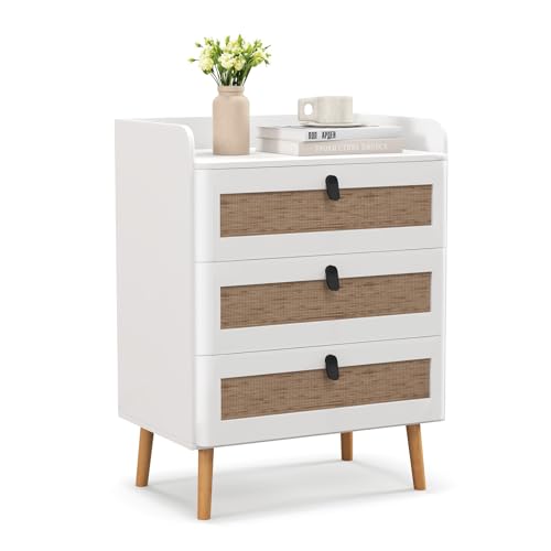 RELAX4LIFE Nachttisch mit 3 Schubladen, Nachtschrank mit Massivholzbeinen, Nachtkommode mit Metallgriffen & Rattan-Design, Beistelltisch mit Kippsicherung, Weiß (1, 60x39,5x75 cm)