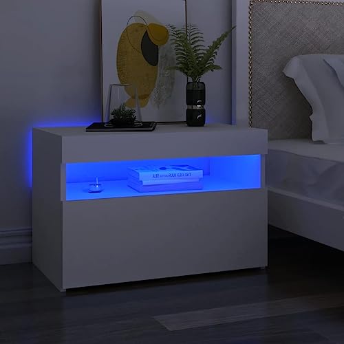 Higsose Schlafzimmer 2er Set Nachttisch mit LED 60x35x40 cm Beistelltisch Trendigen Praktischen Nachtschrank Weiss Modernen Bücher Sofatisch mit RGB-Leuchten Holzwerkstoff