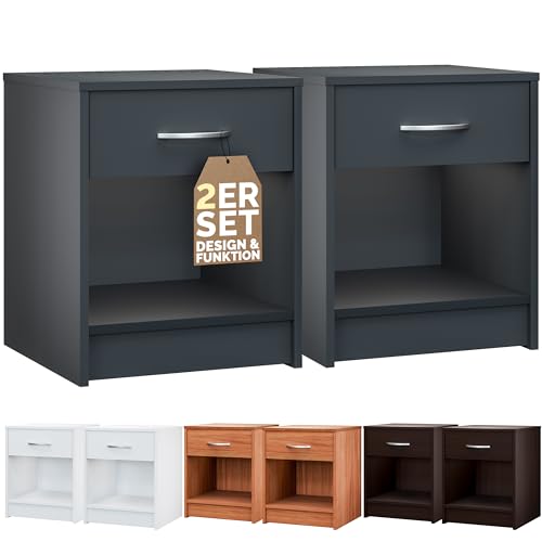 Casaria® Nachttisch Anthrazit 2er Set Schublade 50 cm Komforthöhe Boxspringbett Ablage Schlafzimmer Schrank Nachtkästchen Nachtkommode Holz 50x40x35cm
