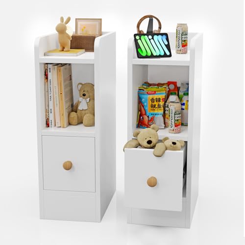 EXSELTMAN Nachtschrank 2er Set, Nachtschrank schmal, Offenen Ablagen und Schiebeschublade, Sofatisch Beistelltisch,Nachtkästc hen Platzsparend, weiß 31.5x20x58cm