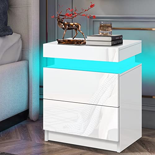 Moderner Hochglanz-Nachttisch mit 2 Schubladen, RGB-LED-Licht, große Kapazität, Aufbewahrungsschrank für Schlafzimmer, Weiß
