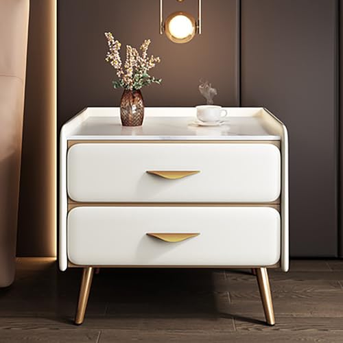 Generisch Luxuriöser Nachttisch mit Kunstmarmorplatte, 2 Schubladen, Nachttisch, Aufbewahrungsschrank für Schlafzimmer und Wohnzimmer, Beiges PU-Leder-Finish (16 x 16 x 20 Zoll)