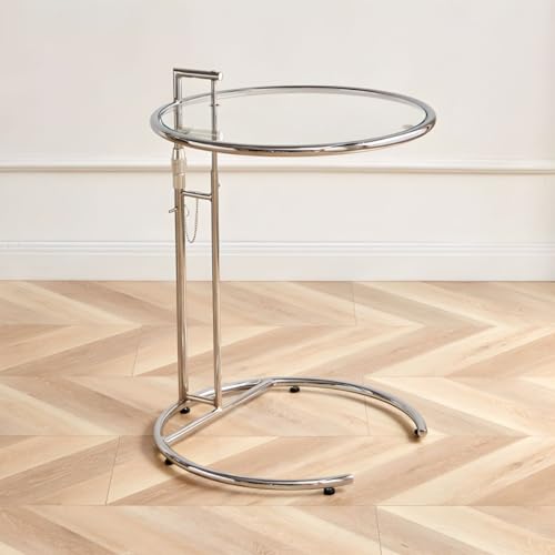 Runder C-Tisch aus Glas mit verstellbarer Höhe und Edelstahlbasis in Silber, anhebbarer transparenter Couchtisch, Sofa-Beistelltisch, Couchtisch aus Metall und Edelstahl, transparent, 50,8 cm L x 50