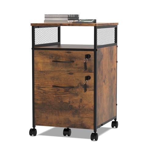 HAMHAIGO Rollcontainer mit Schubladen, Aktenschrank bschließbar, Rollcontainer mit 2 Schubladen, Holz Büroschrank, Kommode Aufbewahrungsschrank, Industrie Stil Einfache Montage Rustikal, Dunkelbraun