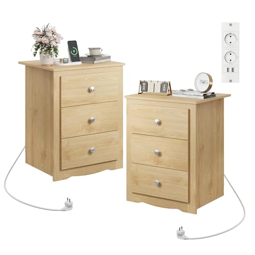 WLIVE 3-Schubladen Nachttisch mit Ladestation, USB-Anschlüssen & Steckdosen, Aufbewahrungstisch für Schlafzimmer, Wohnzimmer, Büro (2, Eiche)