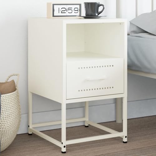 Owoxanthellate Nachttisch Weiß 36x39x60,5 cm aus Stahl, Modernes Industrie-Design mit Schublade, Robuster Beistellschrank für Schlafzimmer, Wohnzimmer & Büro