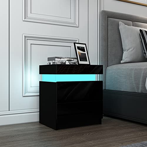 Komtopod Schwarz Nachttisch Moderner LED Licht Nachtschrank Hochglanzfront Nachttische Beistelltisch mit 2 Schubladen Flip Cover für Schlafzimmer