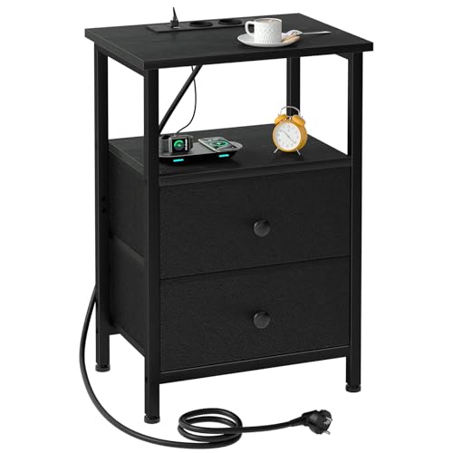 AMHANCIBLE Nachttisch mit Ladefunktion, Beistelltisch mit Stoffschubladen, Sofatisch mit offenem Regal, 2 USB-Anschlüssen & 2 Steckdosen, Nachtschrank für Schlafzimmer, Wohnzimmer, Schwarz HETS020BK-1