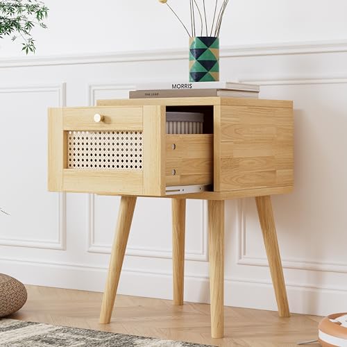 Klassischer Nachttisch,mit EIN Schubladen,mit Rattan-Schubladenplatte,m it goldfarbenem Metallgriff und Lange Holzbeine,Stauraum im Wohnzimmer und Schlafzimmer,Natur
