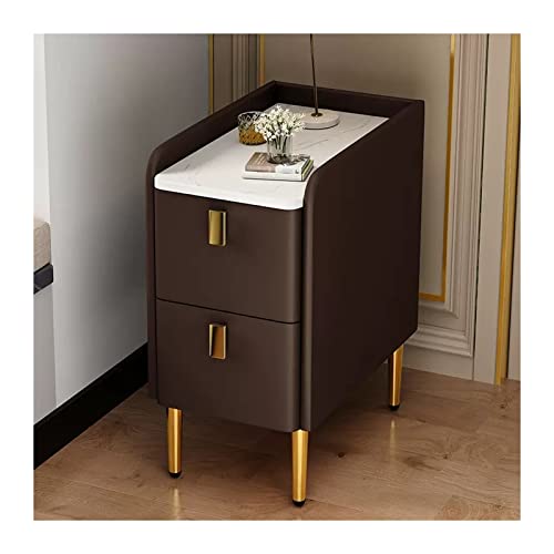 Schmaler Nachttisch aus PU-Leder, Nachttisch mit 2 Schubladen, einzigartiger Beistelltisch aus Holz mit Edelstahlbeinen für stilvolle Schlafzimmeraufbewahrung, Kaffeefarbe