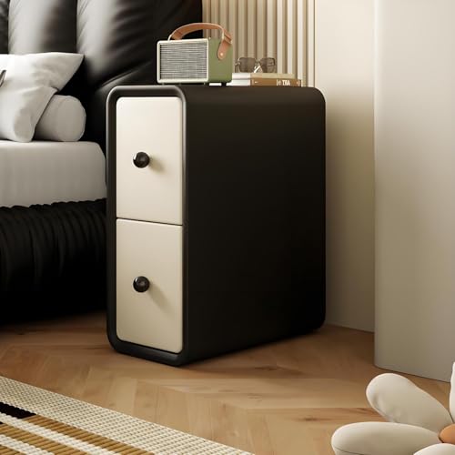 Schmaler Nachttisch mit 2 Schubladen, Massivholz & Kunstleder, moderner schlanker Nachttisch für Schlafzimmer