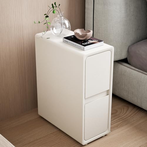 TWSOUL Nachttisch Schmal, Beistelltisch mit 2 Schubladen, Nachtschrank Schmal, Installationfrei, Lederoberfläche, für Schlafzimmer Wohnzimmer, 20 x 40 x 50cm, Cremefarben