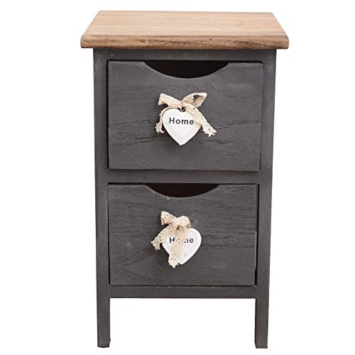 Rebecca Mobili Nachttisch in Grau, Griffe in Herzform, Badschrank 2 Schubladen, Paulownienholz, Shabby Chic, Schlafzimmer Badezimmer – Maße: 41 x 25 x 25 cm (HxLxB) - Art. RE4558