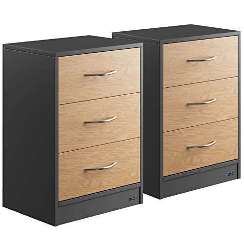 Casaria® Nachttisch 2X Holz Grau 3 Schubladen Kabelführung Wandbefestigung Boxspringbett Schlafzimmer Nachtschrank Nachtkonsole Nachtkommode 54x39x28cm