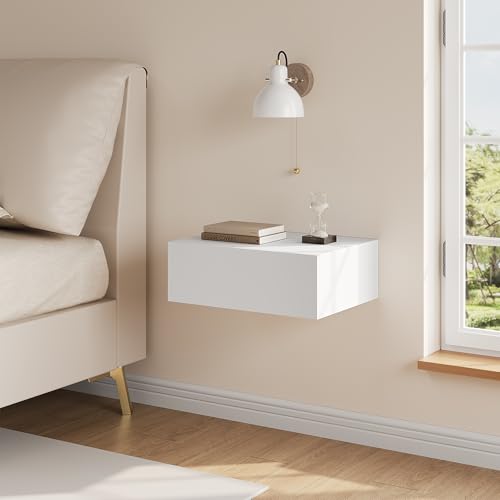 WOLTU Nachttisch hängend, Wandregal mit Schublade, Nachtschrank Wandmontage, 40x30x14 cm, Nachtkästchen zum Einhängen, schwebende Nachtkommode, modern, weiß für Schlafzimmer Wohnzimmer, NTS24ws
