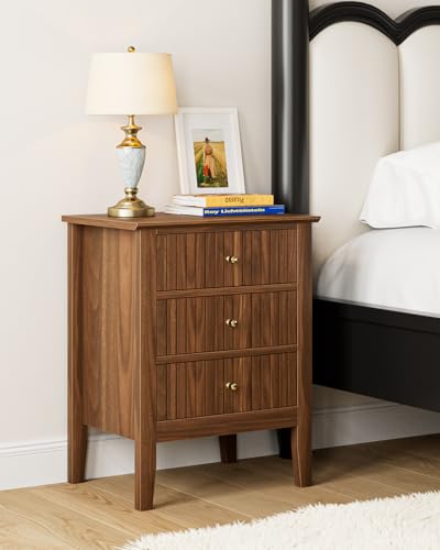 HEYZOEY Nachttisch, Retro Nachtschrank mit 3 Schubladen, Massivholz Nachttisch, Boho Nachtkommode für Schlafzimmer, Wohnzimmer, Walnussbraun
