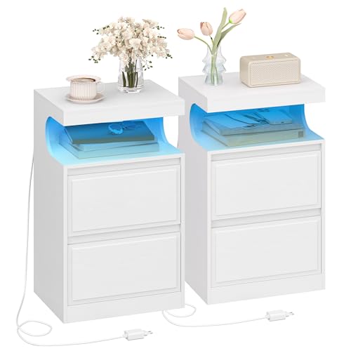 Hzuaneri Nachttisch 2er Set mit LED-Beleuchtung, Beistelltisch mit 2 Schubladen, Nachttische mit offenen Fach, Verstellbares Licht, für Schlafzimmer, Wohnzimmer, 30 x 40 x 60 cm Weiß NS49213X