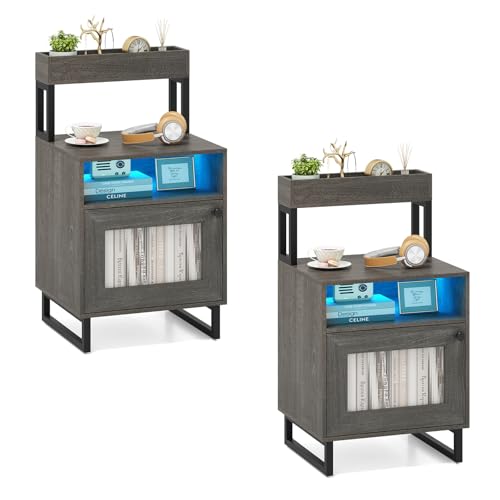COSTWAY Nachttisch mit LED, Nachtschrank mitmit oberem Tablett, offenem Fach & Aufbewahrungsschrank & Tür, Beistelltisch für Wohnzimmer & Schlafzimmer (Grau,1)