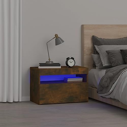 Mokuyary Nachttisch mit LED-Leuchten Räuchereiche 60x35x40 cm Nachttisch mit LED-Beleuchtung Beistelltisch Sofatisch für Wohnzimmer,Schlafzimmer
