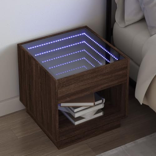 Kaloriko Nachttisch mit Infinity-LED Braun Eichen-Optik, 50x50x50 cm Beistelltisch, Stabiler Nachtschrank für Schlafzimmer, Wohnzimmer, Holzwerkstoff Glas