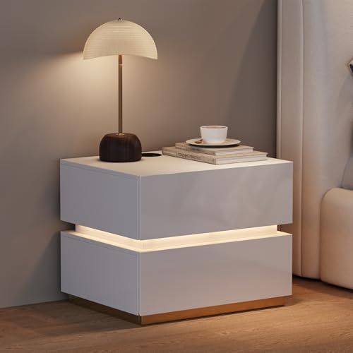 Homary LED Smart Nachttisch mit kabelloser Ladestation, Nachttisch mit Schubladen & USB-Anschlüssen, Modernes Nachtkästchen mit LED-Beleuchtung für Schlafzimmer (Led Weiß 2 Schubladen)
