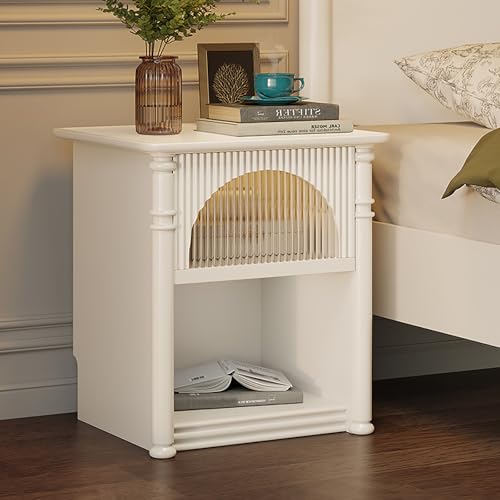 HOMEONENIC Nachttisch Moderner Nachttische 46x40x55cm Zweistöckiger Nachttisch Gummi Holz Beistelltisch Endtisch Mit Einer Schublade Sofatisch Holz Vintage Nachtkommode für Wohnzimmer (Weiß)