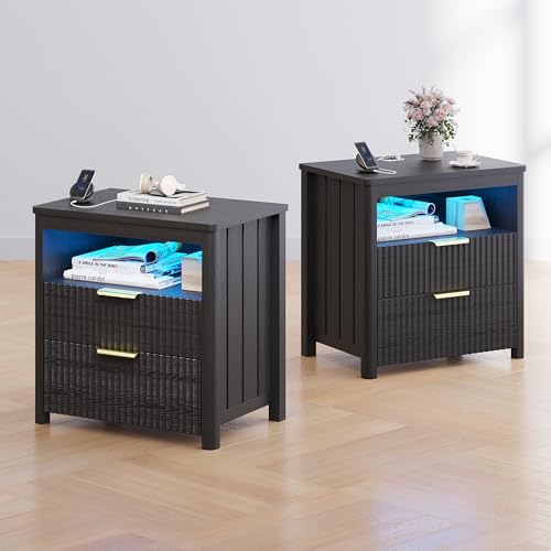 Gurexl 60 cm Breite Nachttisch 2 er Set mit Ladefunktion für Schlafzimmer,LED Nightstand mit Versteckte Schublade und USB Type-C,Bauernhausstil Beistelltisch mit Geheimfach für Boxspringbett,Schwarz