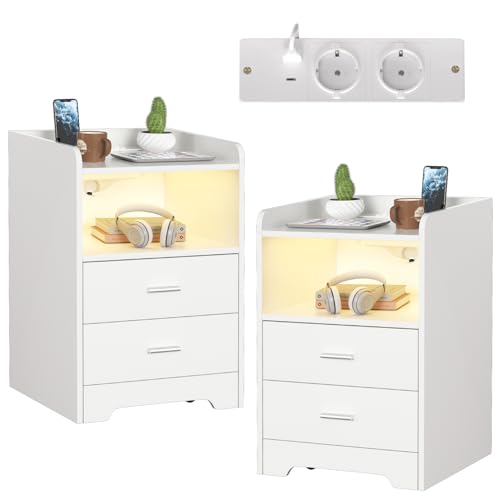 Peviasot Nachttische 2er Set mit LED-Lichtern, Ladestation(2 AC-Steckdosen, 2 USB-Anschlüsse) 2 Schubladen und 1 offenes Fach Beistelltisch für Wohnzimmer Schlafzimmer Weiß