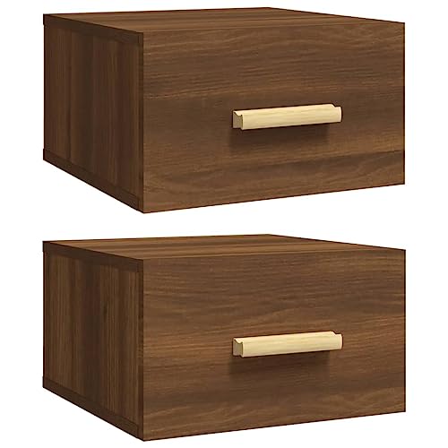 Makastle Wand-Nachttisch 2er Set, Wandregal Organizer mit Schublade und Holzgriff für Schlafzimmer Arbeitszimmer Büro, Braun Eichen-Optik 35x35x20 cm Holzwerkstoff