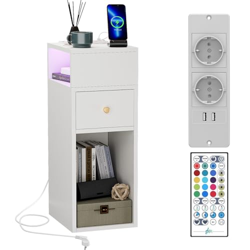 Saitedudu Schmaler Nachttisch mit Ladestation LED-Beleuchtung, schmale Beistelltische Nachttisch mit 1 Schubladen und 2 Fach Nachttische für Schlafzimmer, Wohnzimmer