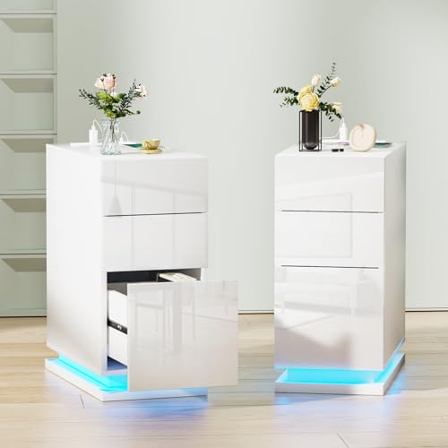 HaodaCulture Nachttisch Schmal 2er Set, Nachttisch Weiß Hochglanz mit LED, Einstellbare 16 Farben, 2 AC Steckdosen, 2 USB Anschlüsse, Beistelltisch Nachtschrank für Schlafzimmer Wohnzimmer